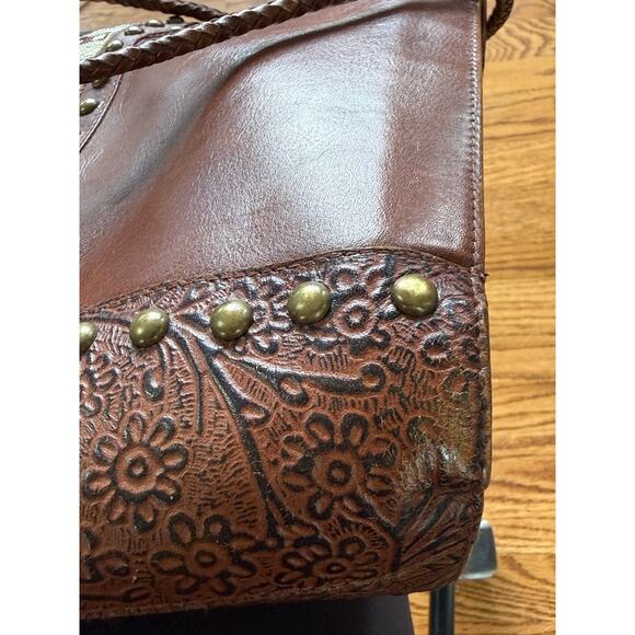 Vtg Scully Brown Tooled Beaded Leather Shoulder Bucket Bag Purse Western Boho - Picture 9 of 11
